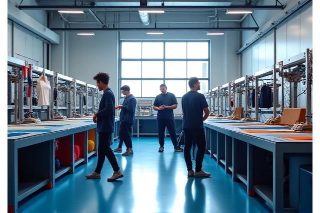 Atelier moderne d'Élan Sportif avec des membres de l'équipe travaillant sur des équipements sportifs