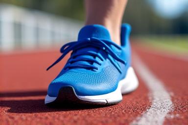 Chaussures de running bleu et noir sur piste d'athlétisme