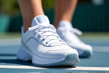 Chaussures de tennis blanches avec détails bleus sur un court