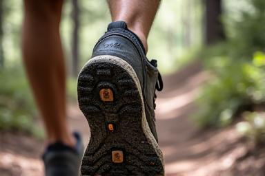 Chaussures de trail robustes marron sur sentier de montagne